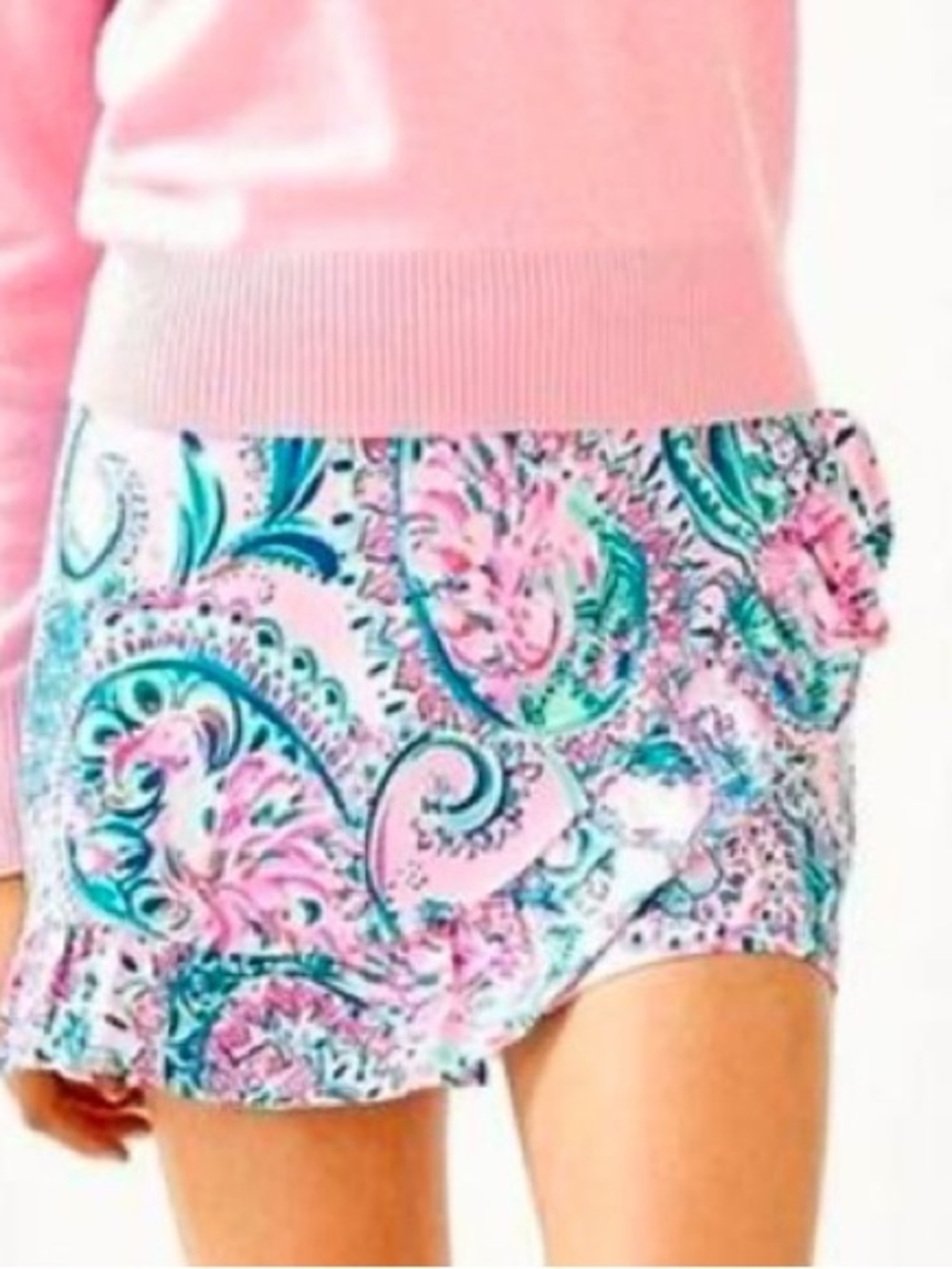 Lilly Pulitzer Faye Mini Skort in a vibrant pink, teal, and navy paisley